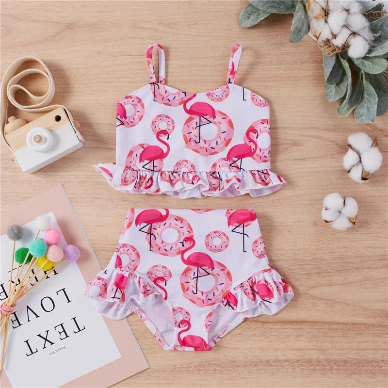 

Infant Baby Two-piece Swimsuits Flamingo Print Swimwear Kids Girl Sling Tops and Panty Ruffles Swimming Suit Baby Girl Beachwear