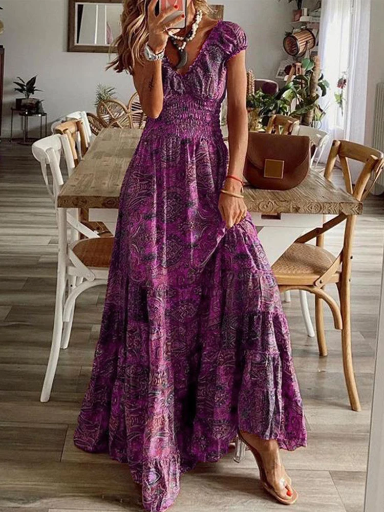 Spring V Neck High Waist Party Long Dress Vintage Pattern Printed Boho Long Dress Women Summer Short Sleeve Loose Beach Dress
Spring V Neck High Waist Party Long Dress Vintage Pattern Printed Boho Long Dress Women Summer Short Sleeve Loose Beach Dress