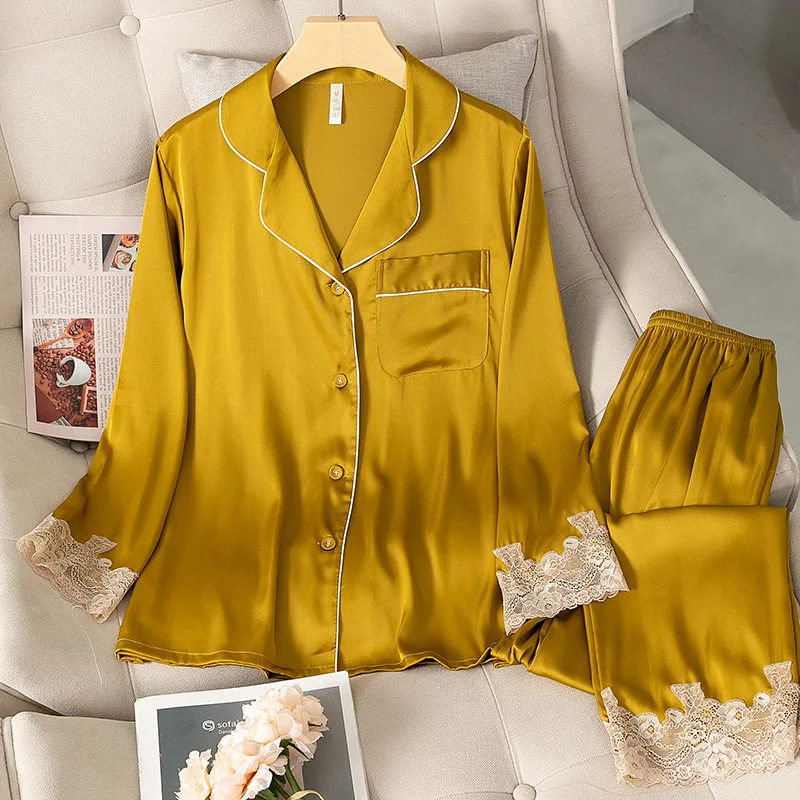 Satin Pajamas Set Faux Silk Women Sleepwear Shirt&Pants Casual Lace Pijamas Lounge Wear Spring Summer Home Clothes Nightwear
Satin Pajamas Set Faux Silk Women Sleepwear Shirt&Pants Casual Lace Pijamas Lounge Wear Spring Summer Home Clothes Nightwear