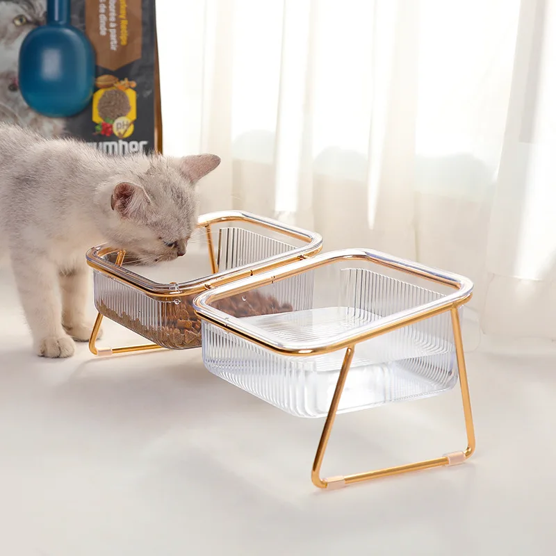 

15° tilt Cat Double Bowl with non slip Stand Pet Kitten Puppy Transparent Food Feeding Dish Metal Water Feeder Dog Accessories