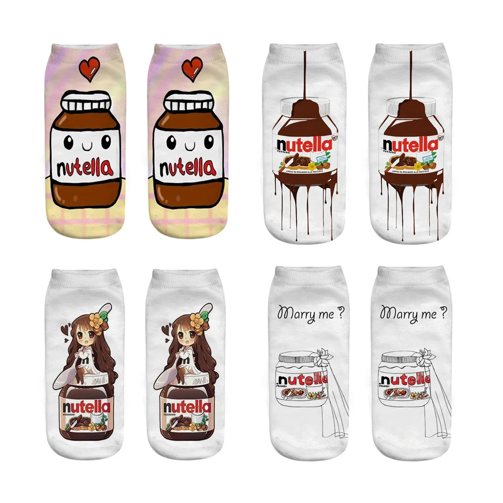 

Новинка, Забавные милые Мультяшные носки унисекс с 3D рисунком еды Nutella, необычные красочные разноцветные фотообои для женщин