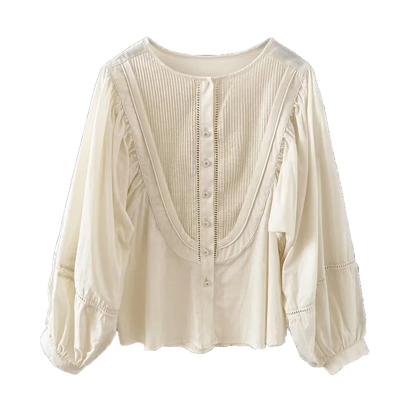

Женская тонкая Однотонная рубашка, однобортный Свободный Топ во французском стиле ретро с круглым вырезом и пышными рукавами, лето 2022