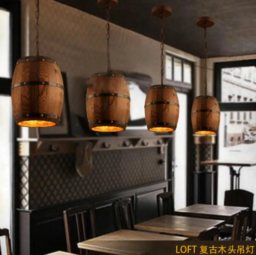 

Vintage Retro Led Wooden Pandent Lamp Chandelier Industrial Creative Wine Barrel for Restaurant Bar Hot Pot Shop Indoor Fixtures