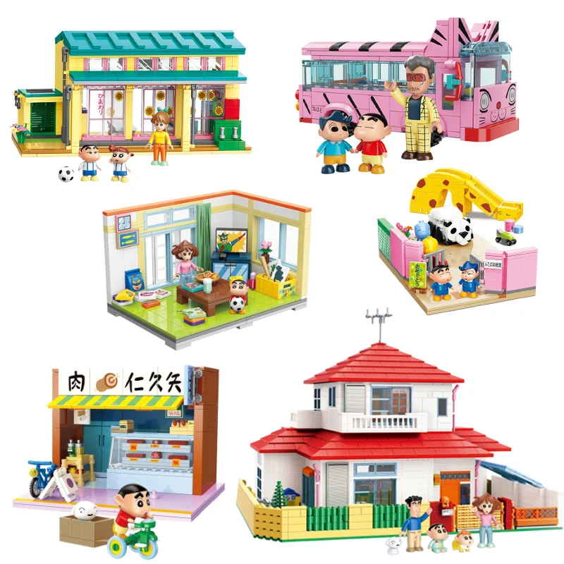 

Classic Cartoon Anime Crayon Shin-chan Street View Blocks House Cat Bus Xiaoxin's Room Building Bricks Sets Movie Kids Toys Gift