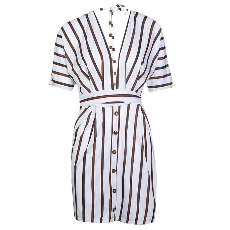 Women Deep V-Neck Button Front Striped Mini Dress Half Sleeve Halter Belt Summer U4LF
Women Deep V-Neck Button Front Striped Mini Dress Half Sleeve Halter Belt Summer U4LF