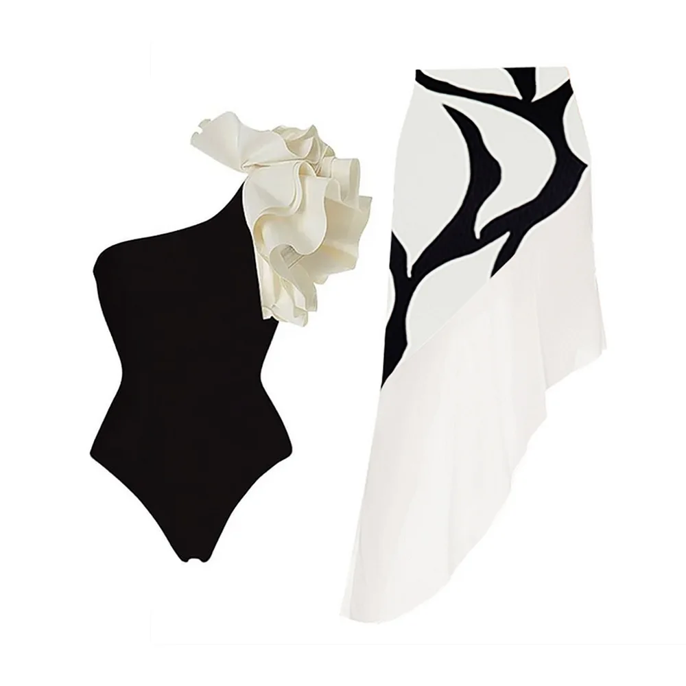 Women Swimsuits Pure Black One-piece Swimsuit with Single Shoulder White Floral Cluster Decoration, with an Abstract Black Strip
Women Swimsuits Pure Black One-piece Swimsuit with Single Shoulder White Floral Cluster Decoration, with an Abstract Black Strip
