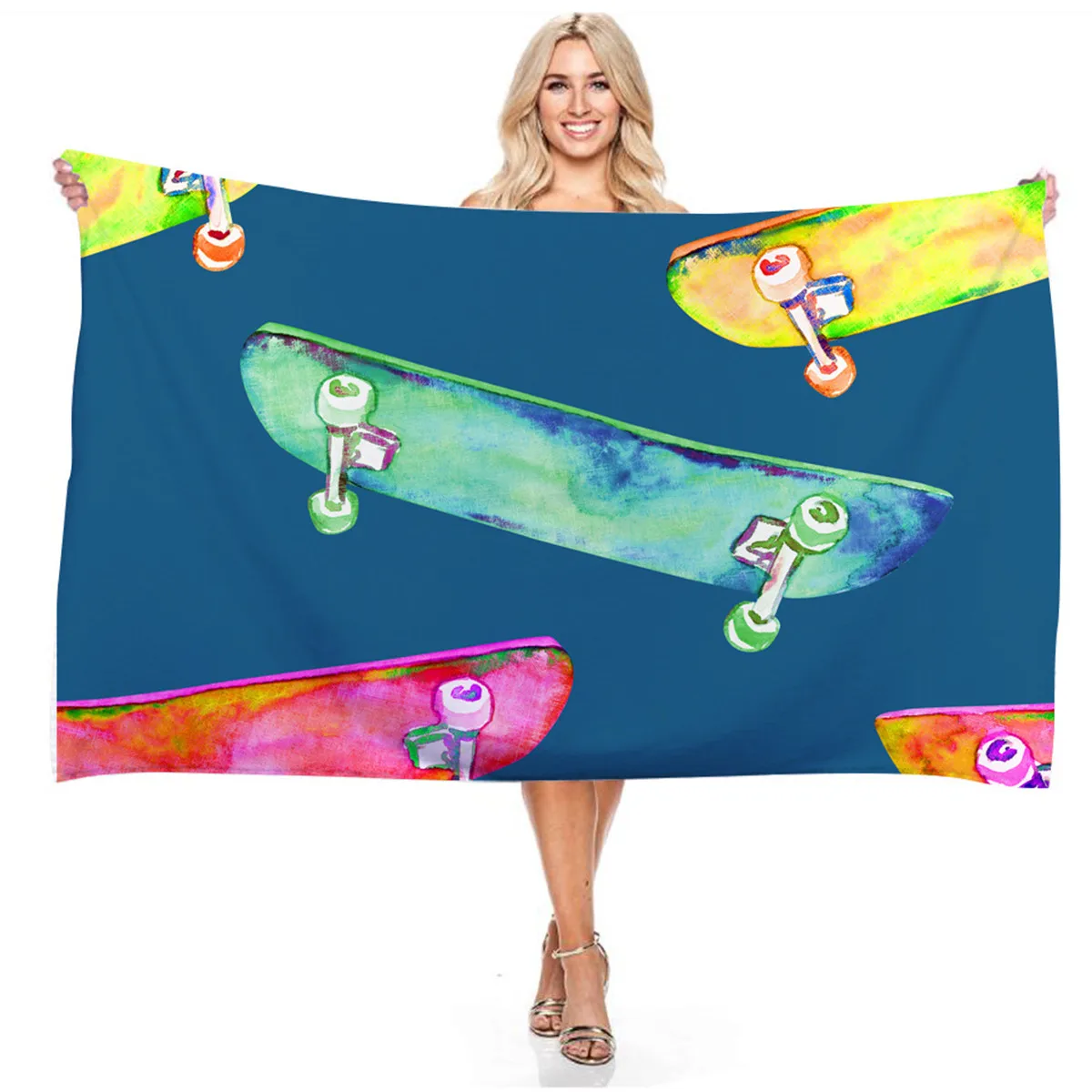 

Novelty Skateboard Beach Towel Print Microfiber Cartoon Dinosaur Rocket Graphic Rectangle Summer Picnic Mat Towels for Kid Gift