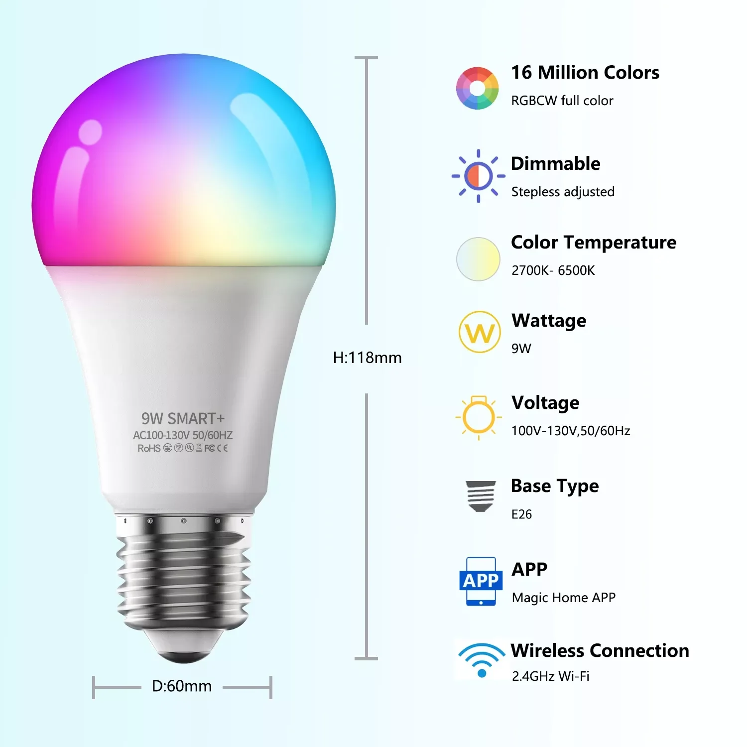 LED Light RGB Control E26/E27 Assistant 9W 10W Bluetooth-Compatible WiFi Colour Smart Bulb Dimmable Voice Google Alexa Home
LED Light RGB Control E26/E27 Assistant 9W 10W Bluetooth-Compatible WiFi Colour Smart Bulb Dimmable Voice Google Alexa Home