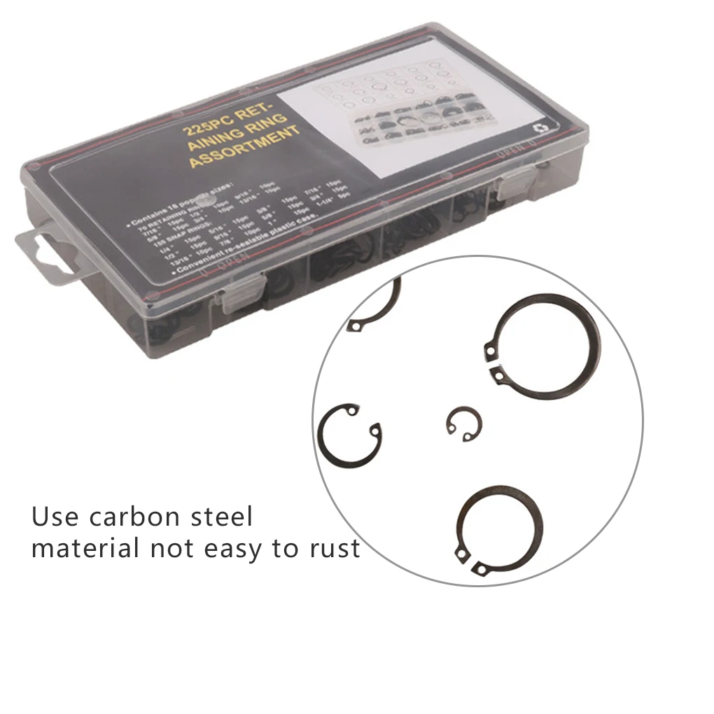 225 Pieces E-Clip Assortment Set Carbon Steel External Circlip Snap Retaining Clip Ring Kit
225 Pieces E-Clip Assortment Set Carbon Steel External Circlip Snap Retaining Clip Ring Kit