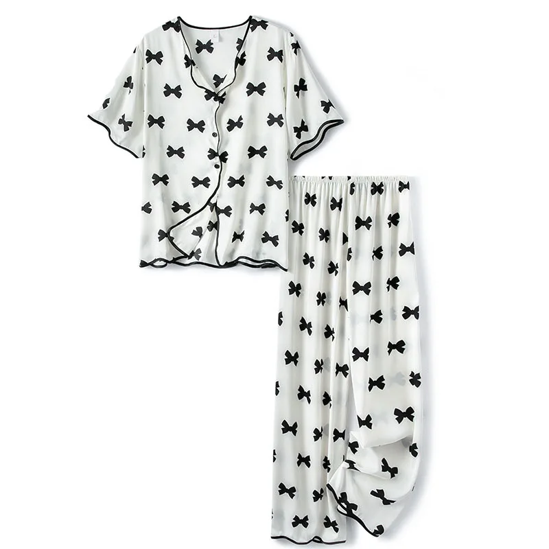 Summer Newest Pants Pajamas Suis Female Bow Printed Fashion Homewear Women Pajama Set Multi Styles Women Summer Suits
Summer Newest Pants Pajamas Suis Female Bow Printed Fashion Homewear Women Pajama Set Multi Styles Women Summer Suits