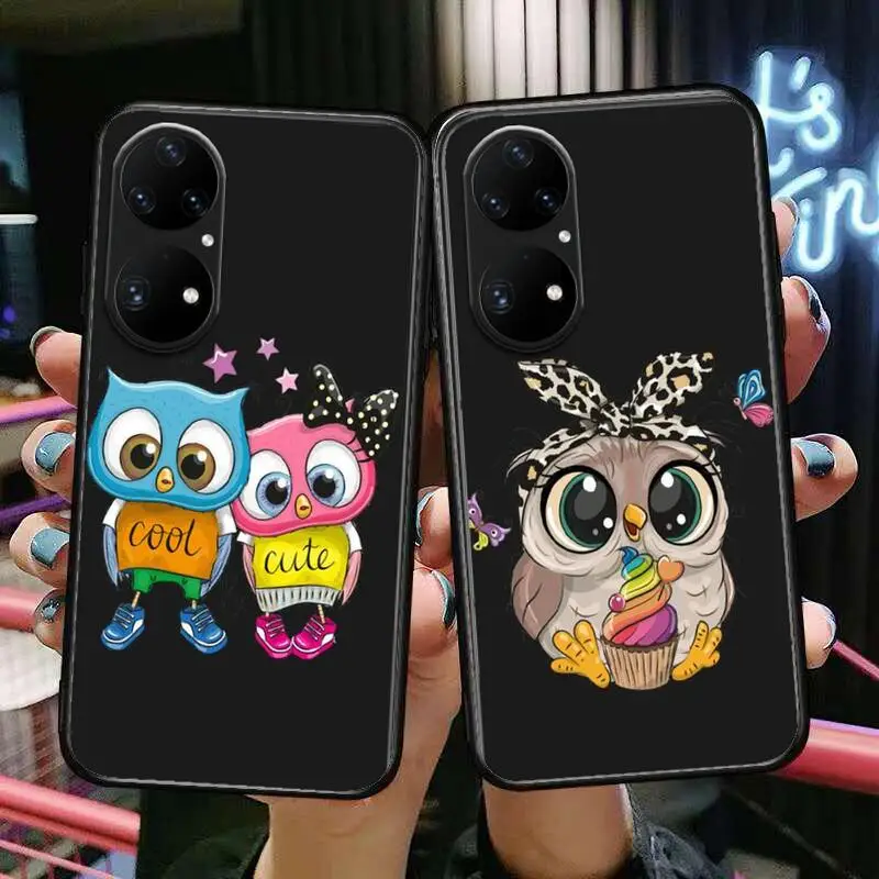 

Cartoon Animal Cute Owl Phone Case For Huawei p50 P40 p30 P20 10 9 8 Lite E Pro Plus Black Etui Coque Painting Hoesjes comic fas