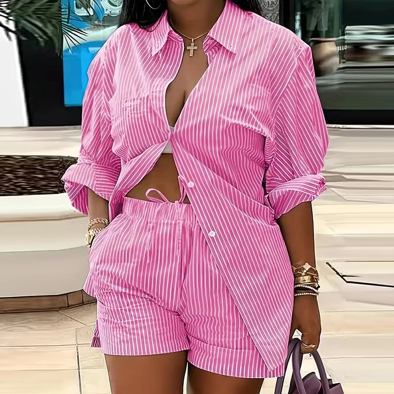 Spring Fashion Striped Print Two Piece Sets Women Single Breasted Lapel Shirt and Shorts Office Suit Vintage Long Sleeve Outfits
Spring Fashion Striped Print Two Piece Sets Women Single Breasted Lapel Shirt and Shorts Office Suit Vintage Long Sleeve Outfits