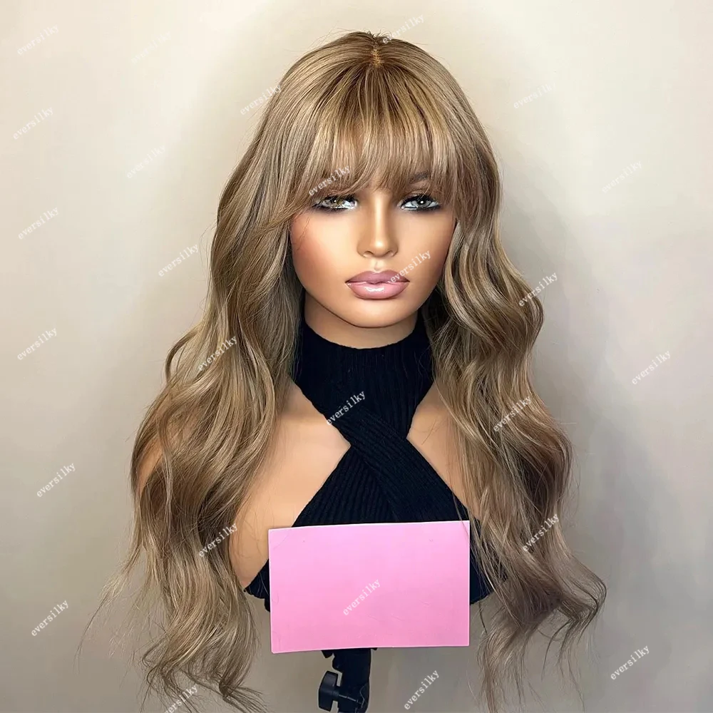 

Bangs Wig Full Lace Highlight Wig Light Brown Caramel Blonde 13x6 HD Lace Front Wig Ombre Loose Wave Remy Human Hair Fringe Wigs