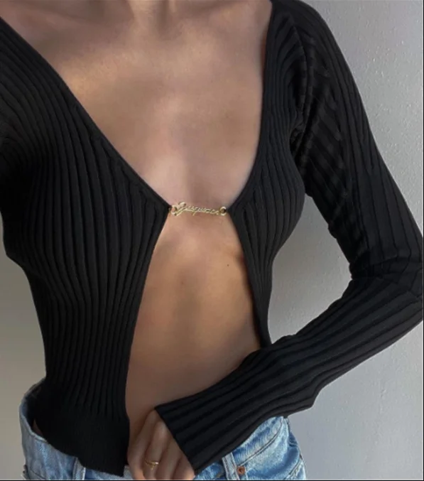 Women Spring Autumn Long Sleeve Low Chest Deep V-neck Bottoming Shirt Sweater Sexy Elastic Metal Letter Versatile Cardigan
Women Spring Autumn Long Sleeve Low Chest Deep V-neck Bottoming Shirt Sweater Sexy Elastic Metal Letter Versatile Cardigan