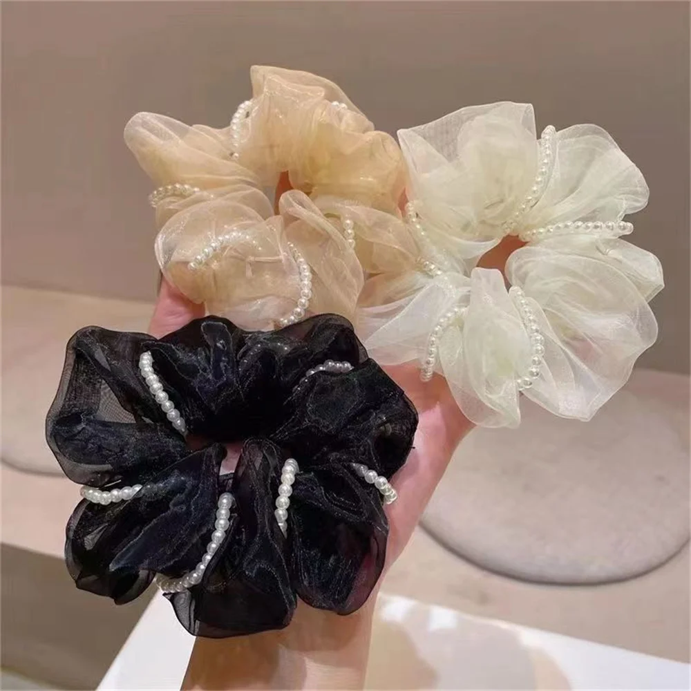 

Fashion Pearl Winding Mesh Hair Ties Sweet Organza Hair Rope Ring for Girls Elastic Head Band Rubber Scrunchies Ponytail Holder