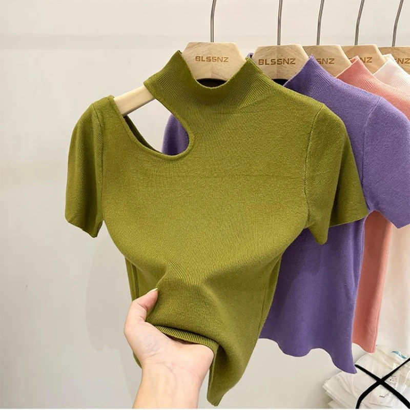 Women's T-shirt Summer Knit Short Sleeve Tee Skinny Korean Fashion Off Shoulder Turtleneck T-shirts Tops for Women 2023
Women's T-shirt Summer Knit Short Sleeve Tee Skinny Korean Fashion Off Shoulder Turtleneck T-shirts Tops for Women 2023