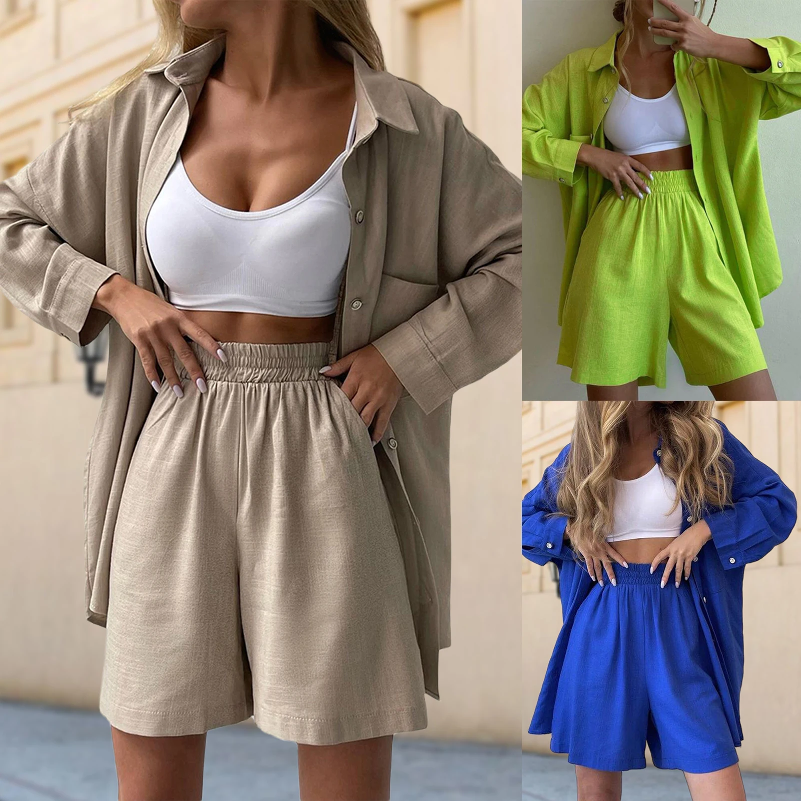 Women Long Sleeve Top+Shorts Solid Color Blouse Top Shorts Set Summer 2pcs Casual Fashion Simple Loose Tops Shorts Set
Women Long Sleeve Top+Shorts Solid Color Blouse Top Shorts Set Summer 2pcs Casual Fashion Simple Loose Tops Shorts Set