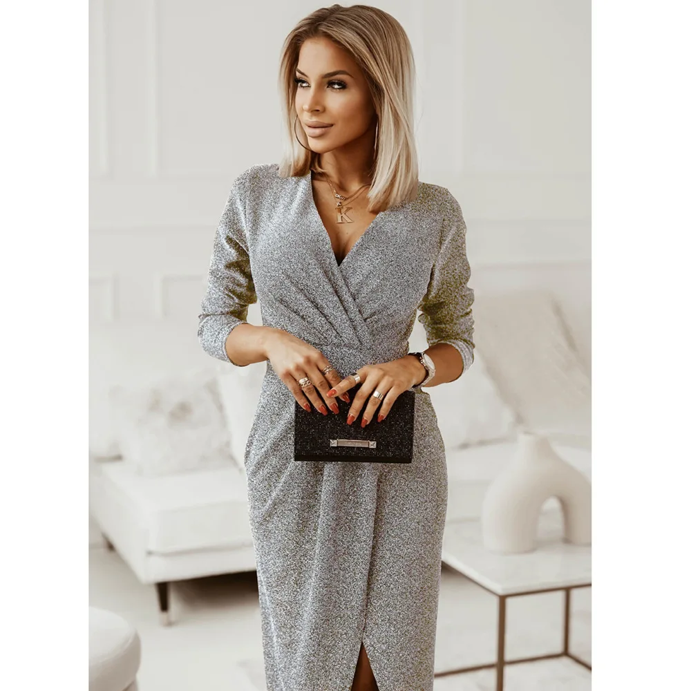 Sexy V-neck dress Europe and the United States new foreign trade long-sleeved slit waist dress
Sexy V-neck dress Europe and the United States new foreign trade long-sleeved slit waist dress