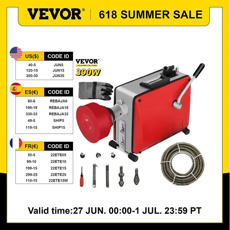 VEVOR GQ-100 Professional Dredge Machine 390W Electric Pipe Plunger Household Sewer Toilet Blockage Tube Unblocker Cleaning Tool
VEVOR GQ-100 Professional Dredge Machine 390W Electric Pipe Plunger Household Sewer Toilet Blockage Tube Unblocker Cleaning Tool