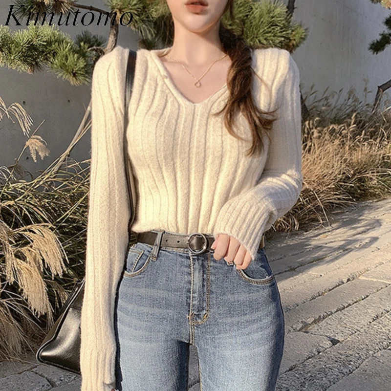 

Повседневный свитер Kimutomo, женский весенний новый корейский однотонный Простой Модный Универсальный вязаный пуловер с V-образным вырезом и ...