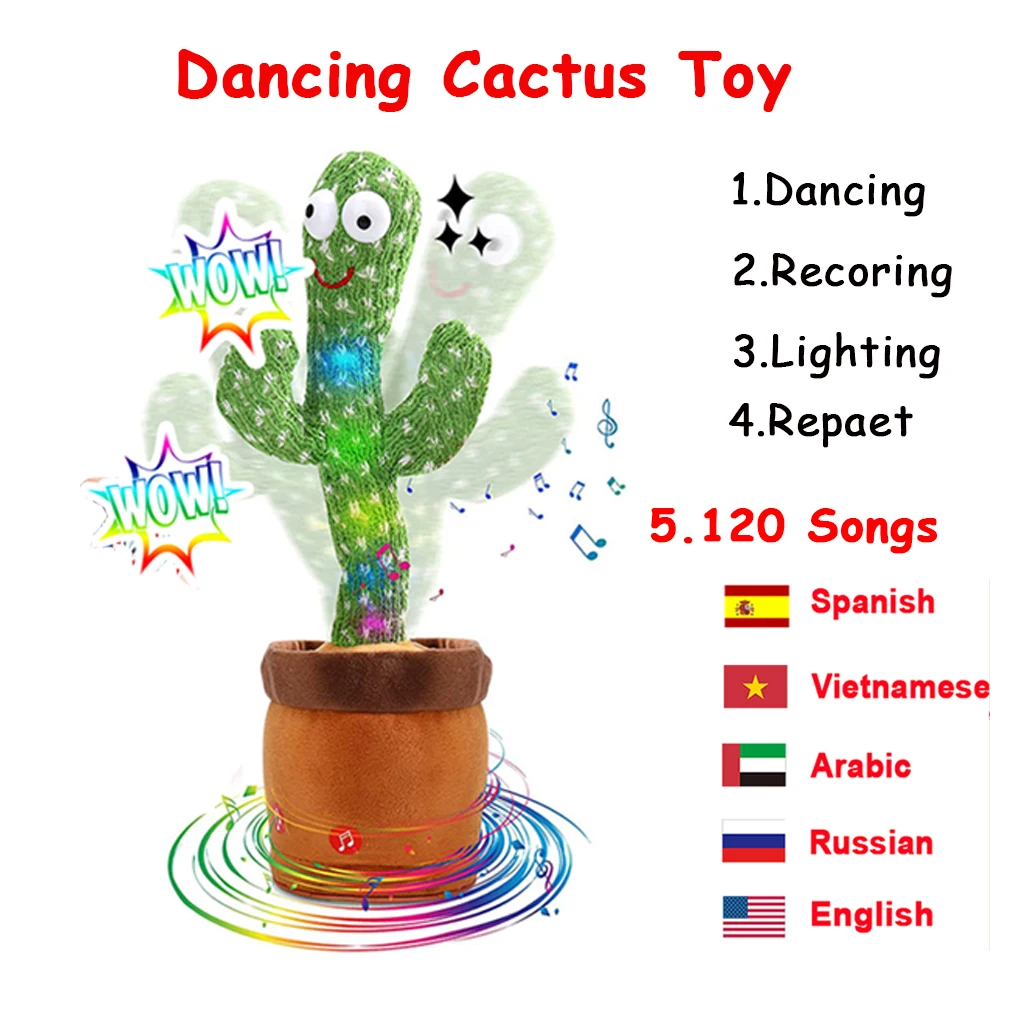 

Танцующий кактус, плюшевая игрушка, 120, русские, испанские, вьетнамские, арабские, английские песни, говорящая, звукозапись, повторная игрушк...