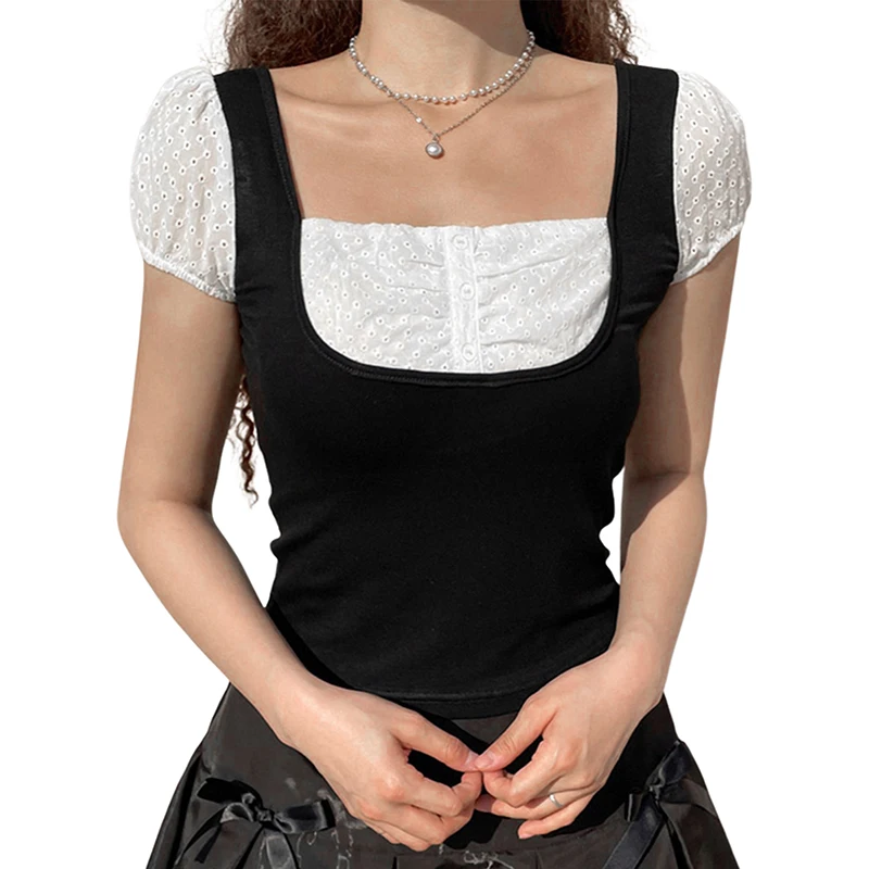 Fake Two-piece Soft Crop Tops Short-sleeved Square Neck Design Slim Stitching Casual Women's T-shirt Tops 
Fake Two-piece Soft Crop Tops Short-sleeved Square Neck Design Slim Stitching Casual Women's T-shirt Tops