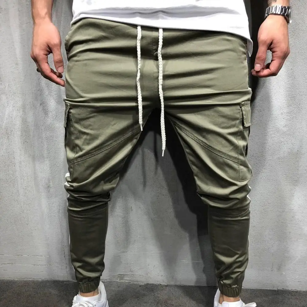 

Men Pants Contrast Colors Causal Cool Multi Pockets Ankle-banded Drawstring Pencil Pants for Daily Wear
