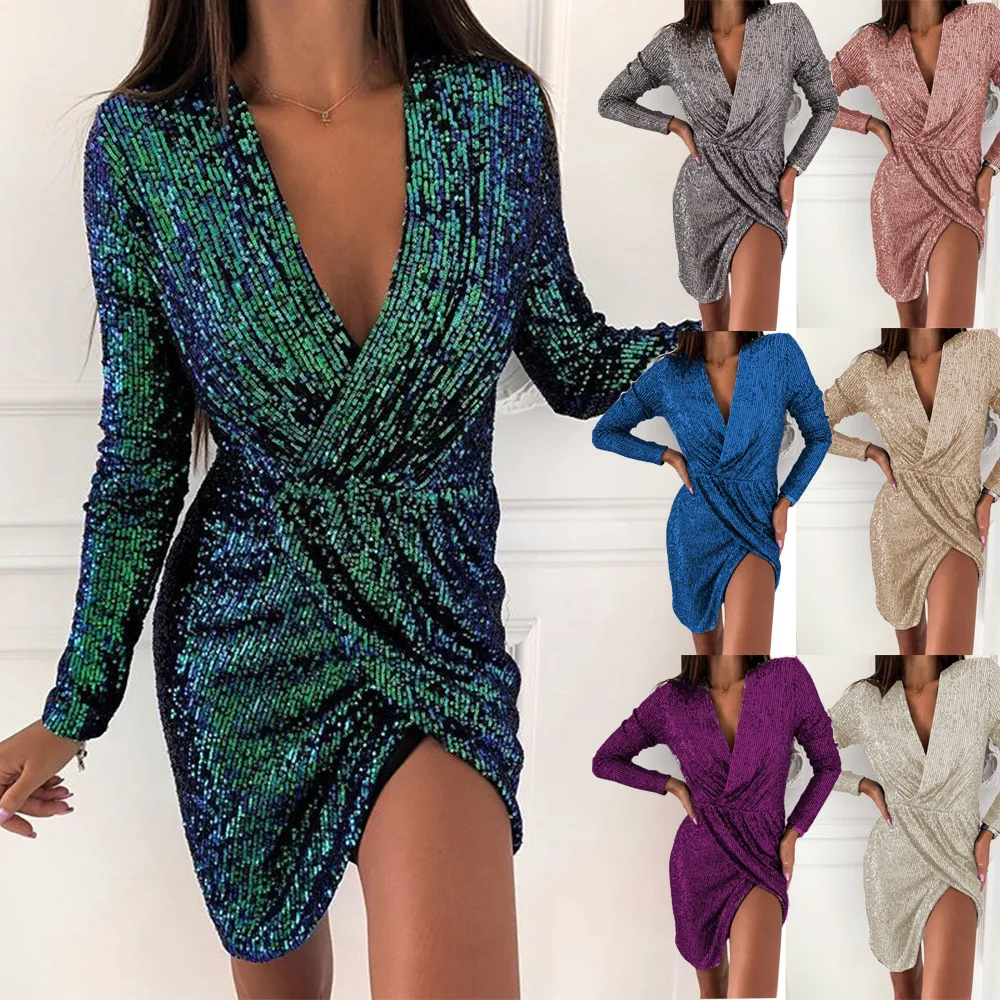 Women Long Sleeve Sexy V-Neck Mini Dress 2022 Slim Fit Bodycon Party Dress Spring Solid Color Fashion Sequins Short Female Dress
Women Long Sleeve Sexy V-Neck Mini Dress 2022 Slim Fit Bodycon Party Dress Spring Solid Color Fashion Sequins Short Female Dress