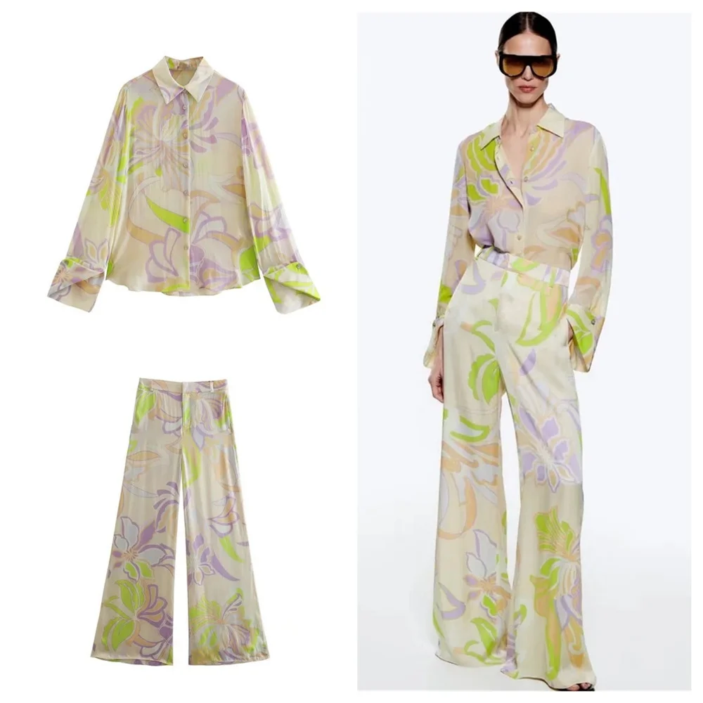 Women Floral Print Chiffon Blouse Pants Two Piece Set Spring Summer Single Breasted Long Sleeve Shirt and Flare Pants Streetwear
Women Floral Print Chiffon Blouse Pants Two Piece Set Spring Summer Single Breasted Long Sleeve Shirt and Flare Pants Streetwear