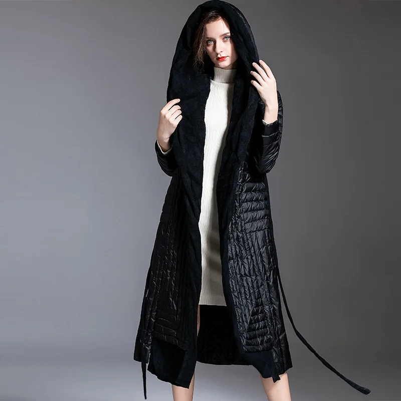 Winter 2022 hooded long light down jacket Women's thin slim-fitting splicing, lace-up waist slimming down jacket
Winter 2022 hooded long light down jacket Women's thin slim-fitting splicing, lace-up waist slimming down jacket