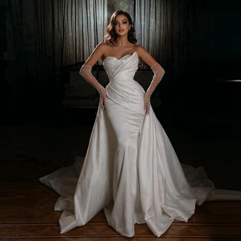 Pretty Strapless Beaded Satin Wedding Dresses Glitter Sweetheart Sequined Mermaid Bridal Gowns With Long Train Wedding Gowns
Pretty Strapless Beaded Satin Wedding Dresses Glitter Sweetheart Sequined Mermaid Bridal Gowns With Long Train Wedding Gowns