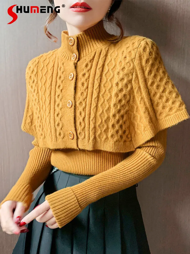 Women Yellow Half Turtleneck Sweater Top with A Shawl Two-Piece Suit 2022 Winter New Elegant Long Sleeve Twist Pullover Knitwear
Women Yellow Half Turtleneck Sweater Top with A Shawl Two-Piece Suit 2022 Winter New Elegant Long Sleeve Twist Pullover Knitwear
