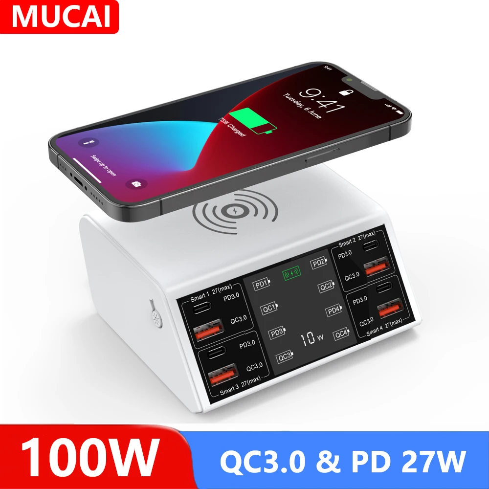 

Зарядное устройство MUCAI с 8 USB-портами, 100 Вт, адаптер для быстрой зарядки 3,0, хаб, беспроводное зарядное устройство, зарядная станция PD, быстрое зарядное устройство для iPhone, Samsung