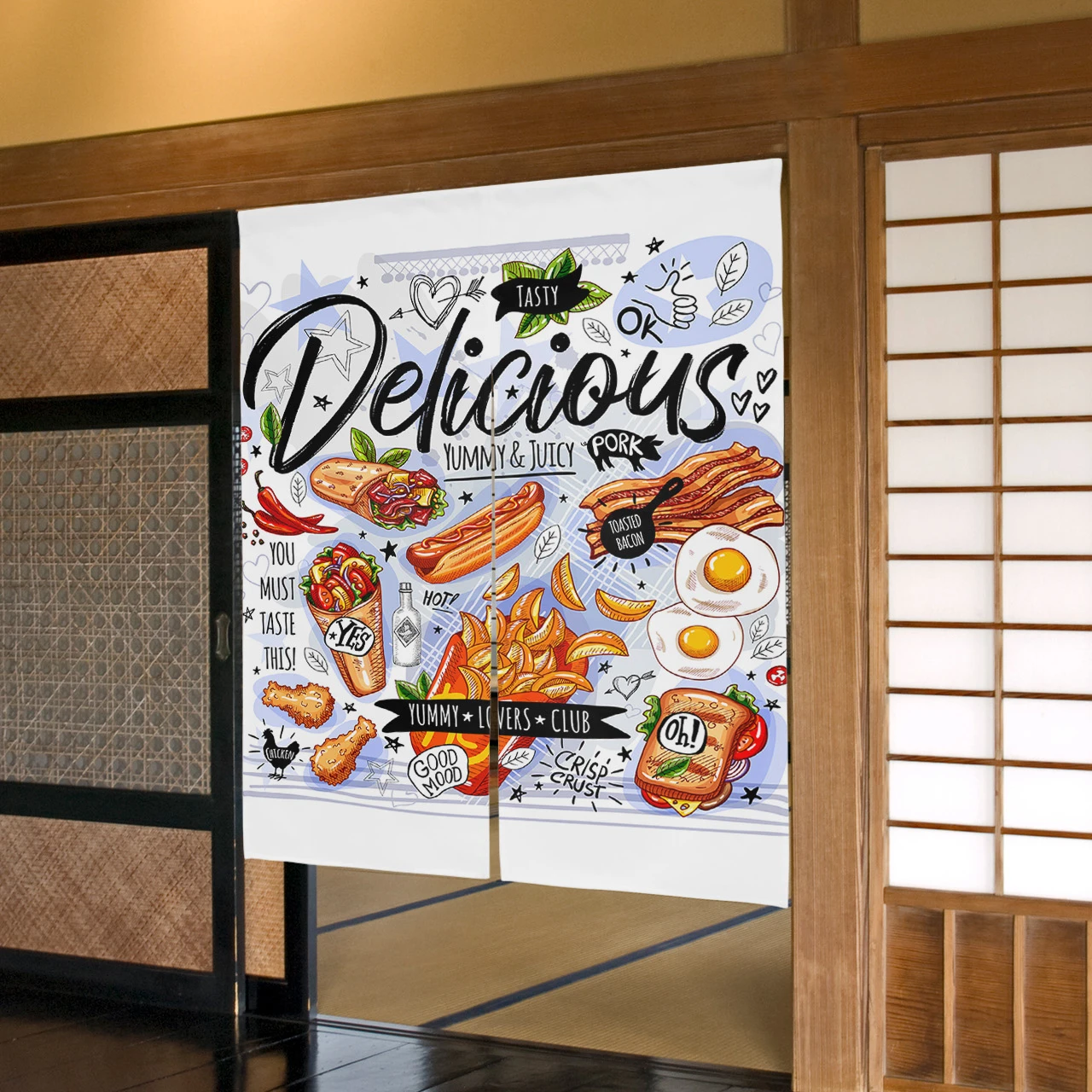 Food Graffiti Hot Dog Bacon Japanese Door Curtain Living Room Bedroom Partition Drapes Kitchen Entrance Hanging Half-Curtains
Food Graffiti Hot Dog Bacon Japanese Door Curtain Living Room Bedroom Partition Drapes Kitchen Entrance Hanging Half-Curtains