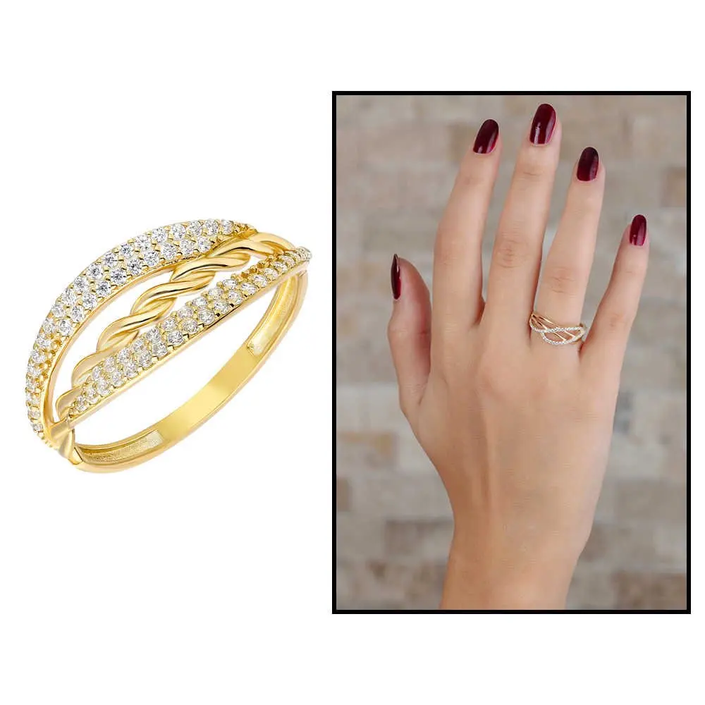 Женское кольцо с цирконом и сеткой золотого цвета 
Женское кольцо с цирконом и сеткой золотого цвета