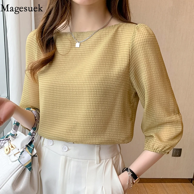 Summer Korean Short Sleeve Chiffon Blouse Shirts Ladies Plaid Lantern Sleeve Loose Women Fashion Slash Neck Tops Blusas 15214
Summer Korean Short Sleeve Chiffon Blouse Shirts Ladies Plaid Lantern Sleeve Loose Women Fashion Slash Neck Tops Blusas 15214