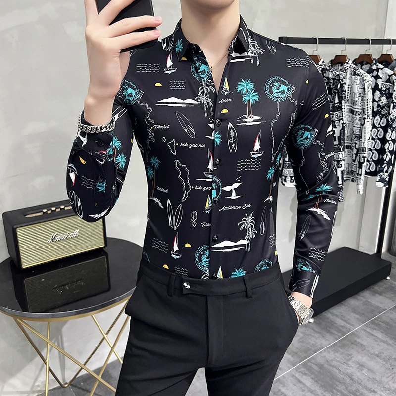 Men's Slim Fit Long Sleeve Dress Shirt Spring Man Vintage Hawaiian Style Print Social Black Shirts Luxury Fashion Casual Poleras
Men's Slim Fit Long Sleeve Dress Shirt Spring Man Vintage Hawaiian Style Print Social Black Shirts Luxury Fashion Casual Poleras