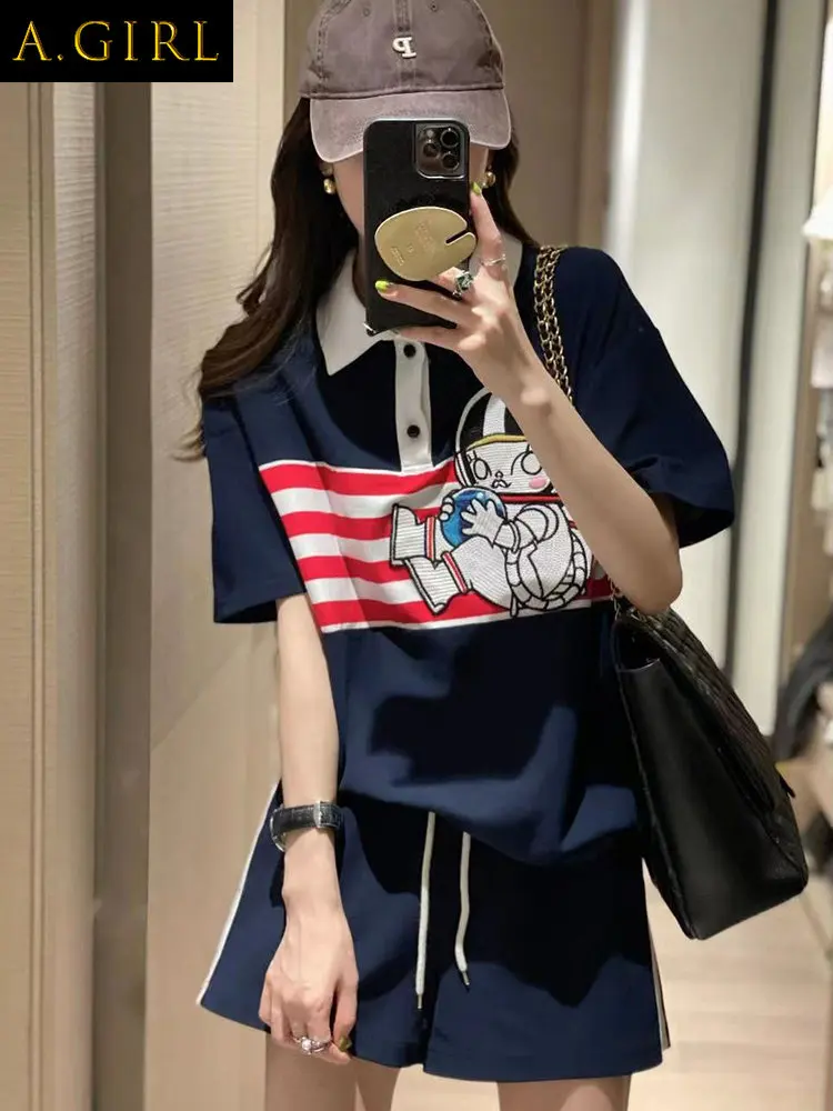 

Two Piece Set For WomenFashion Cartoon Embroidered Blouse Shorts Suit Women 2023 Summer Preppy Style Casual Tracksuit Loose Shor
