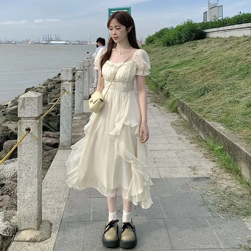 Women Summer Sweet Tea French Square Neck Chiffon Puff Sleeve Beach New Gentle Fairy Ruffles Irregular Long Dresses 
Women Summer Sweet Tea French Square Neck Chiffon Puff Sleeve Beach New Gentle Fairy Ruffles Irregular Long Dresses