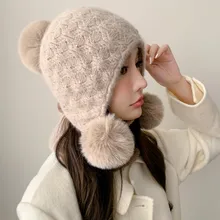 2023 New Golf Ladies Rabbit Fur Knitted Hat Wool Ear Protection Cap Outdoor Cold Warm Scarf Fleece-lined