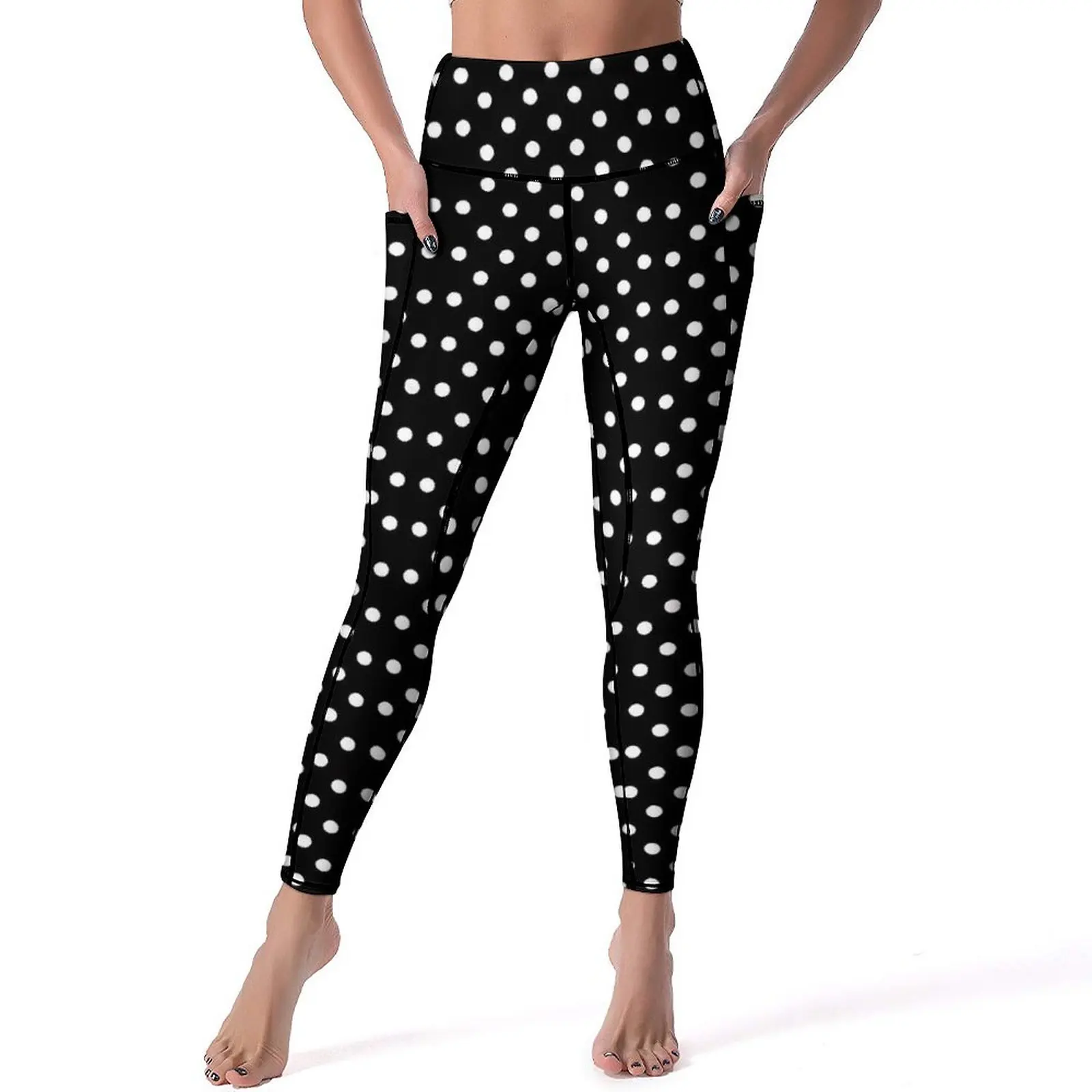 

Black White Polka Dots Yoga Pants Pockets Retro Print Leggings Sexy Push Up Sweet Yoga Sports Tights Elastic Pattern Gym Leggins