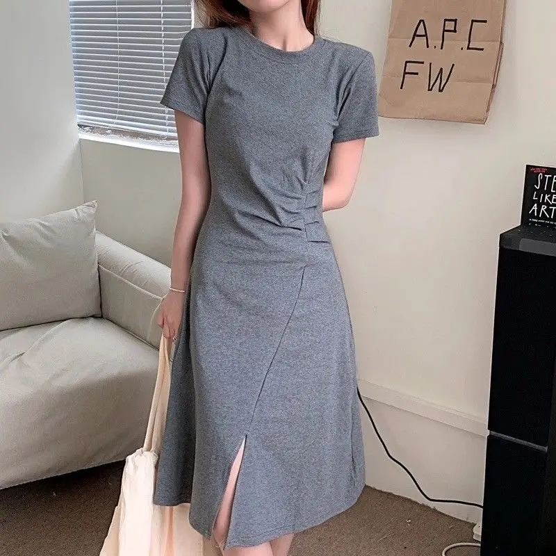 2022 Summer Short-sleeved T-shirt Mid-length Dress Is Thin, Pleated, Waist, Dress, Split, Temperament, Slim, Women's Black Gray
2022 Summer Short-sleeved T-shirt Mid-length Dress Is Thin, Pleated, Waist, Dress, Split, Temperament, Slim, Women's Black Gray