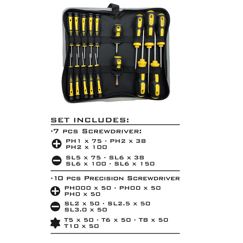 17PCS PP/Chrome Vanadium Steel Slotted Corss Screwdriver Multi-function Anti-slip Hand Tool Set For Household Disassembling
17PCS PP/Chrome Vanadium Steel Slotted Corss Screwdriver Multi-function Anti-slip Hand Tool Set For Household Disassembling