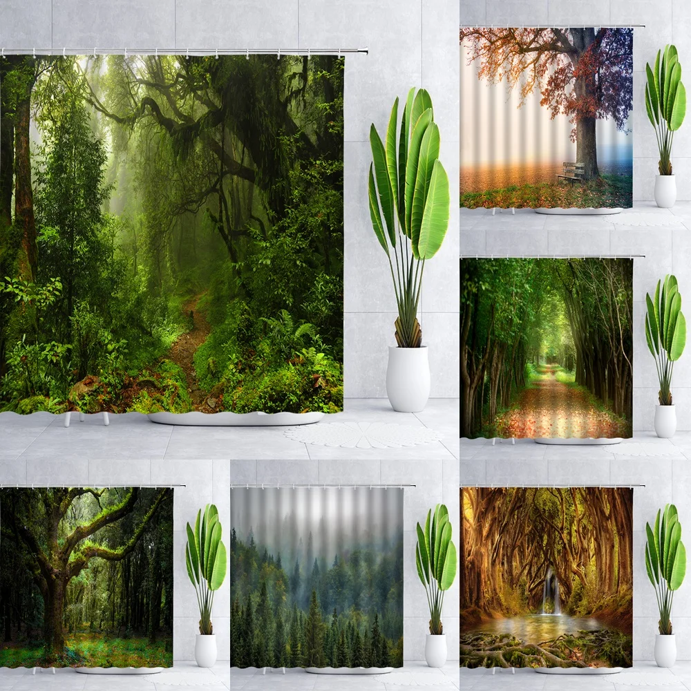 

Primeval Forest Shower Curtain Bathroom Decor Waterproof Fabric Natural Scenery Jungle Plant Trees Landscape Bath Curtains Home