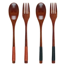2Pcs Wooden Spoon Fork Dinnerware Set Long Wood Spoon and Fork Set Dessert Soup Spoon Dining Fork Portable Cutlery Tableware
