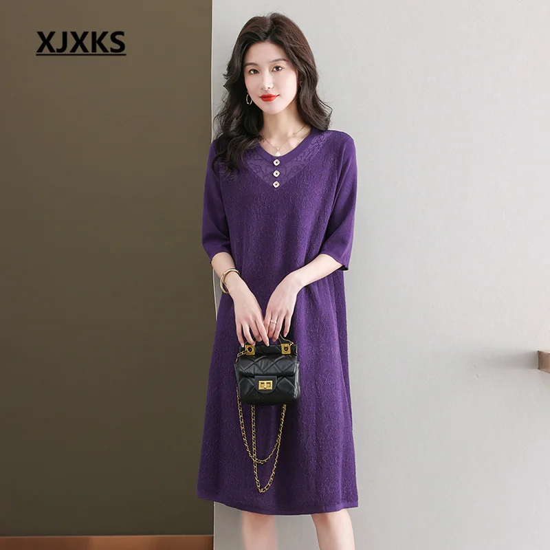 Модное женское платье XJXKS с V-образным вырезом и рукавом средней длины, новинка сезона лето-осень 2023, высококачественный длинный вязаный льняной пуловер
Модное женское платье XJXKS с V-образным вырезом и рукавом средней длины, новинка сезона лето-осень 2023, высококачественный длинный вязаный льняной пуловер
