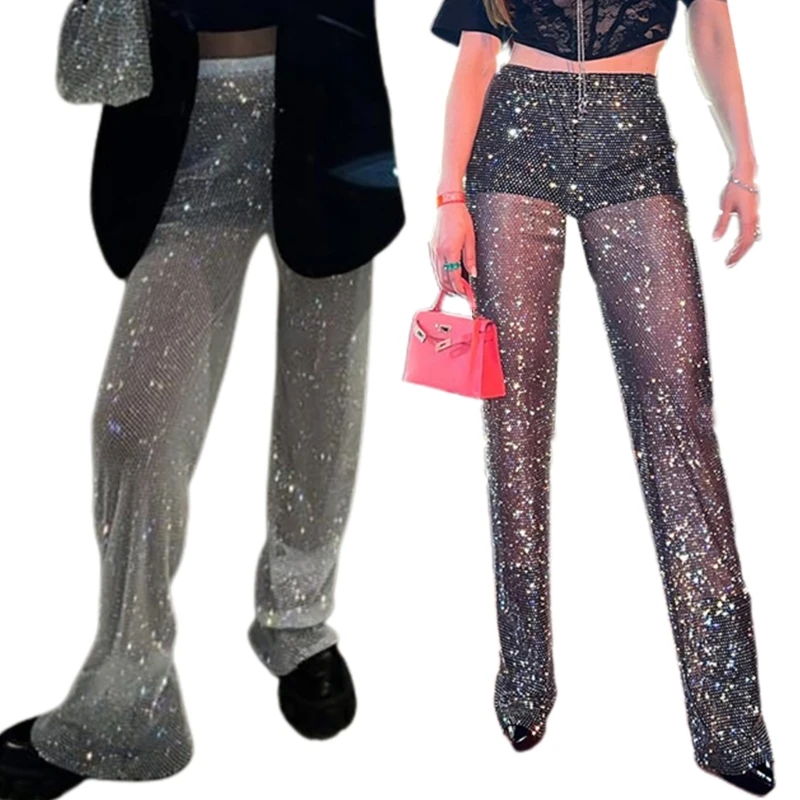 

Sparkly Mesh Sexy Sheer Pants Rave Bottoms Shiny Glitter See Through Beach Wide Leg Trousers Party Clubwear for Women