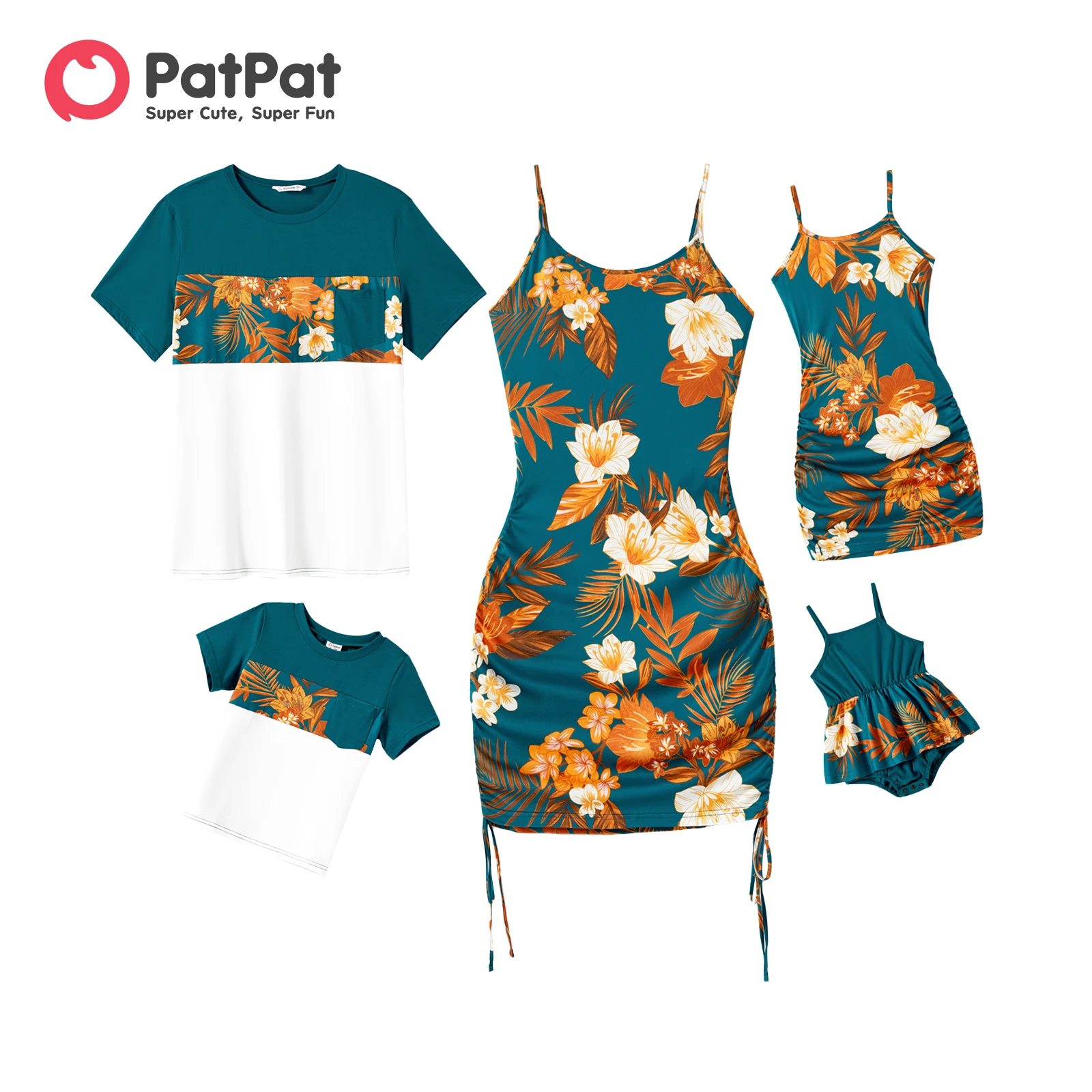 

PatPat Family Matching Allover Floral Print Drawstring Ruched Bodycon Cami Dresses and Short-sleeve Spliced T-shirts Sets