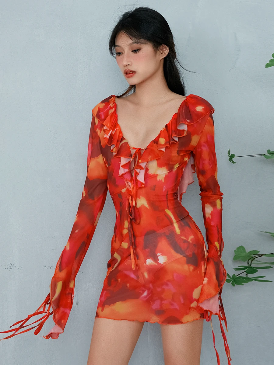 Women's Y2k Ruffle Trim Mini Dress Sexy Low Cut Slim Fit Cutout Tie-Dye Print Tie-Up Short Dress Summer Beach Sundress Vestidos
Women's Y2k Ruffle Trim Mini Dress Sexy Low Cut Slim Fit Cutout Tie-Dye Print Tie-Up Short Dress Summer Beach Sundress Vestidos