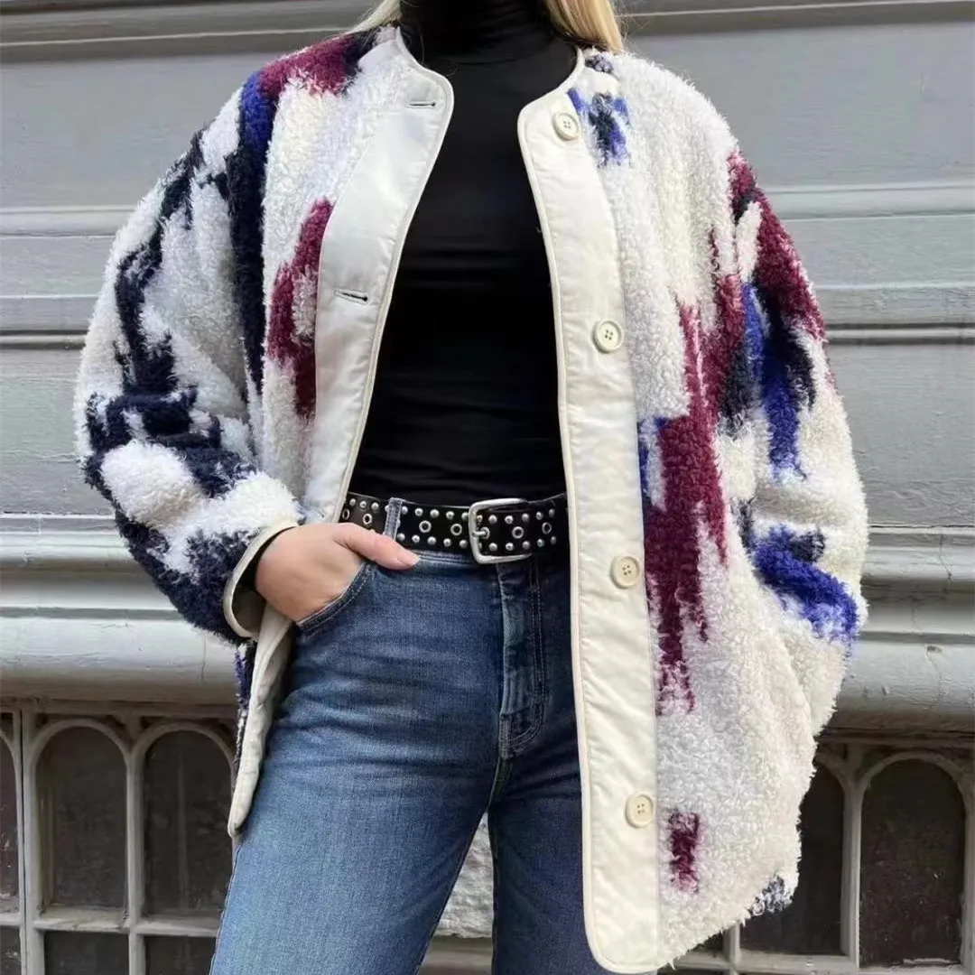 Women's O-neck Splicing Wool Fleece Two Side Wear Coat with Pocket Ladies Commuter Loose Sleeve Single Breasted Jacket
Women's O-neck Splicing Wool Fleece Two Side Wear Coat with Pocket Ladies Commuter Loose Sleeve Single Breasted Jacket